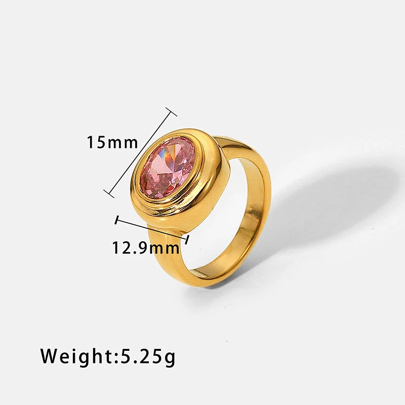Vintage 18K Gold Plated Stainless Steel Oval Zircon Ring