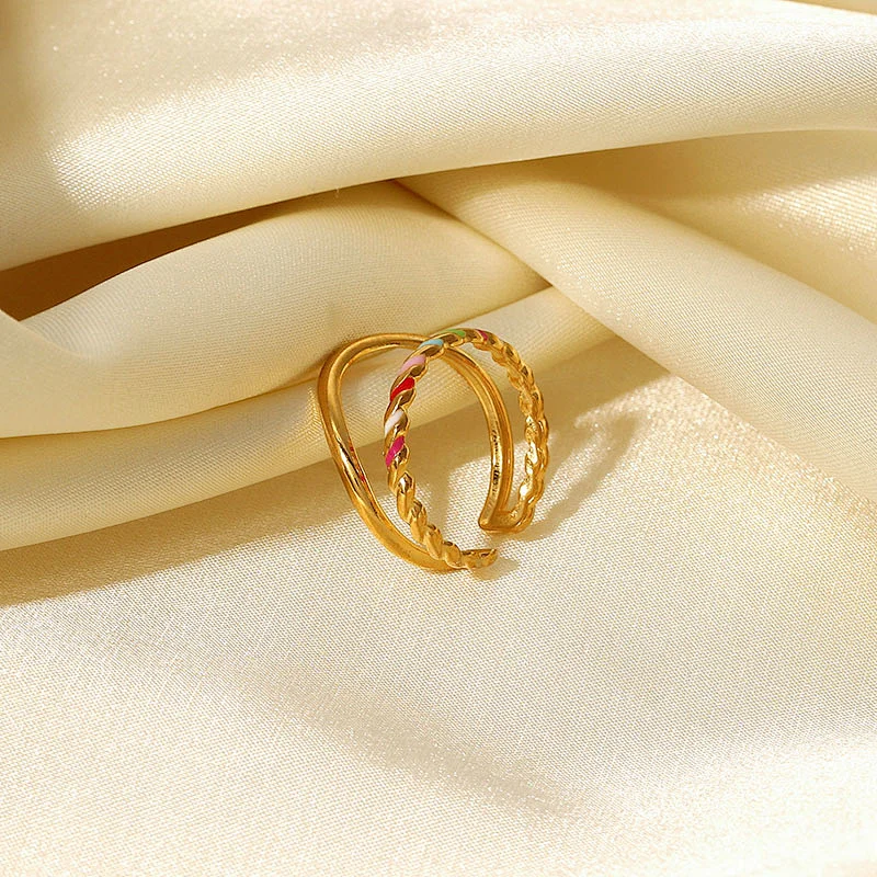 Gold Enamel Multicolored Oil Drip Open Ring