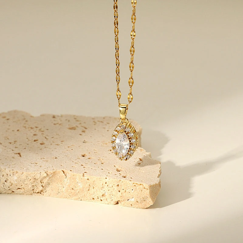 Stainless Steel White Cubic Zircon Pendant Necklace Women
