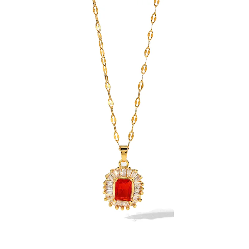 Fashion Steel Necklace Red Zircon Pendant Necklace