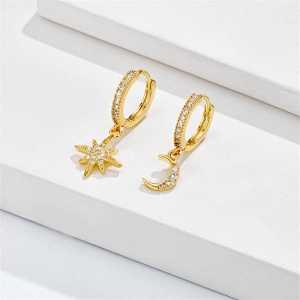 Asymmetric Star Moon Earrings Brass Zircon Hoop Earrings