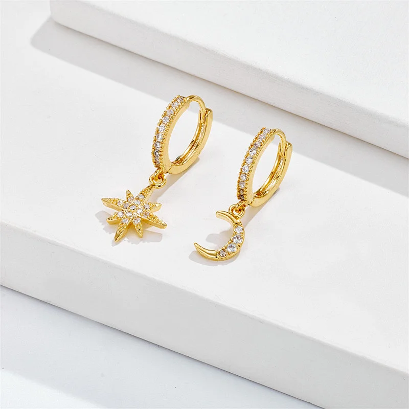 Asymmetric Star Moon Earrings Brass Zircon Hoop Earrings