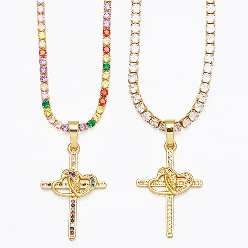 Multicolor Cubic Zirconia Cross Pendant Gold Plated Necklace