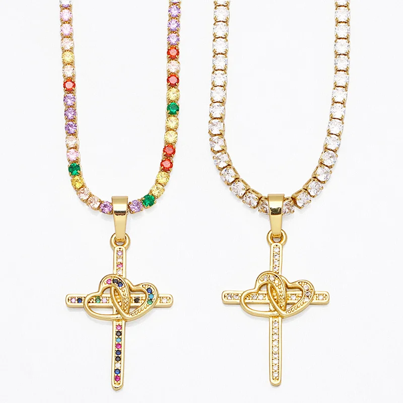 Multicolor Cubic Zirconia Cross Pendant Gold Plated Necklace