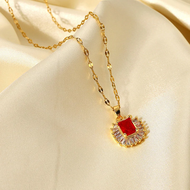 Fashion Steel Necklace Red Zircon Pendant Necklace