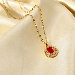 Fashion Steel Necklace Red Zircon Pendant Necklace
