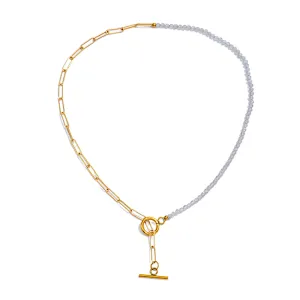 Simple OT Buckle Beaded Necklace Stainless Steel Chain Necklace