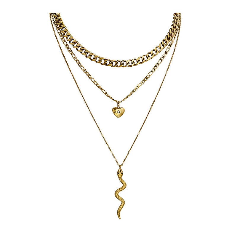 Simple Heart Zircon Pendant Necklace Snake Pendant Multilayer Necklace