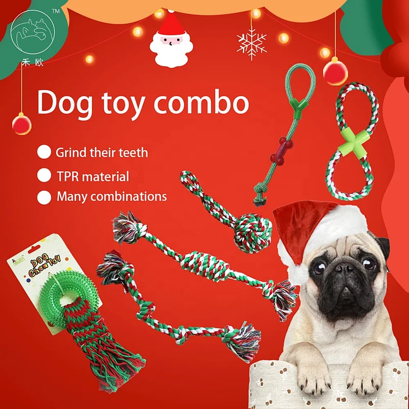 Christmas Dog Toy Set Cotton Rope TPR Tooth Cleaning Pet Chew Toy Interactive Squeaky Toy