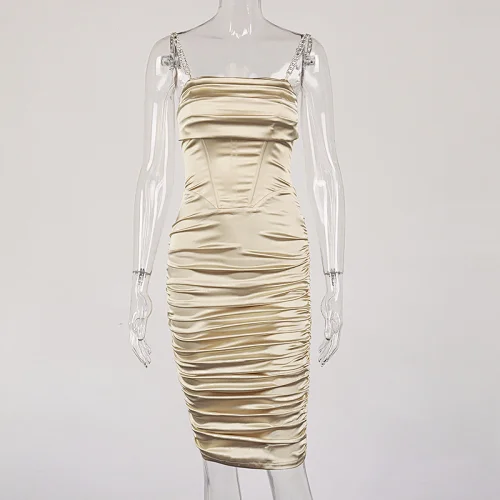 Elegant Rhinestone Satin Dress Sexy Midi Corsets Dress