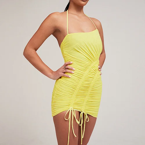 ruched mini dress yellow mesh dress manufacturer
