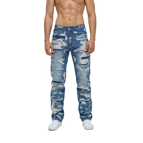 Factory Custom Boot cut Embroidered American Brand Style Blue Ripped Jeans Men