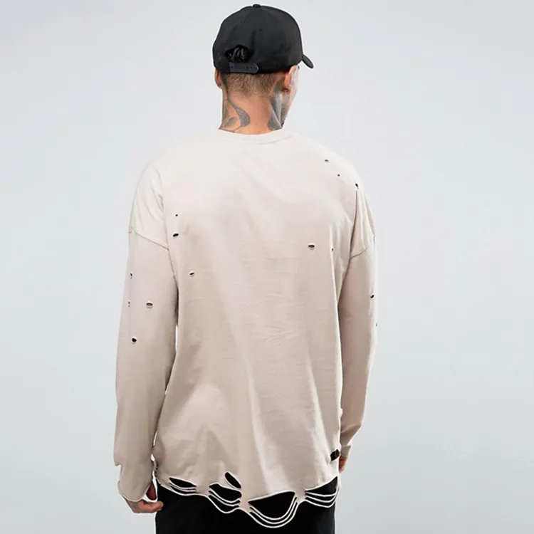 Long sleeve mens t shirts ripped tee manufacturer