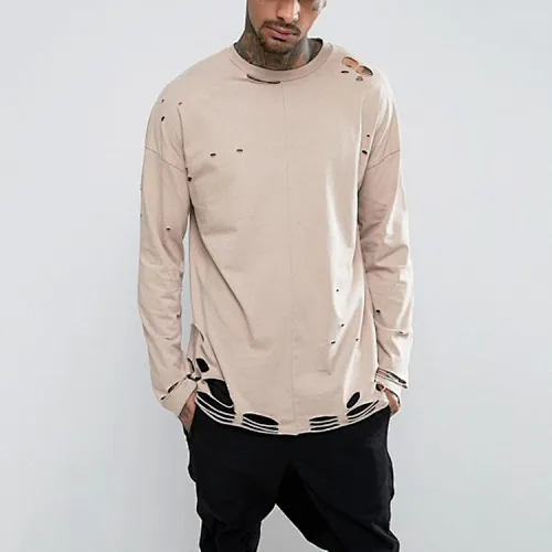 Long sleeve mens t shirts ripped tee manufacturer