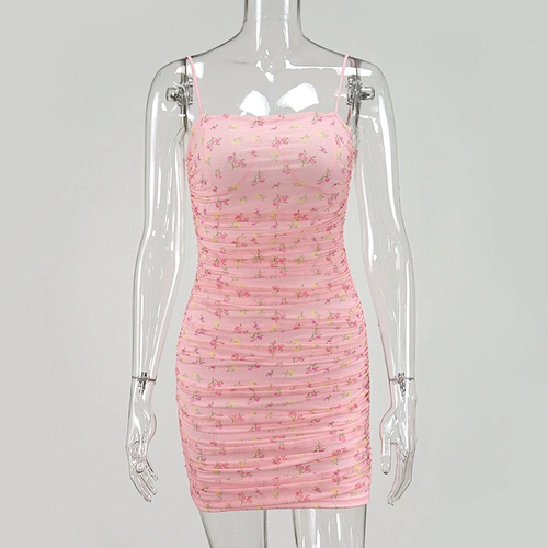 Pink Ruched Floral Dress Zipper Mini Backless Women Mesh Sexy Bodycon Dress
