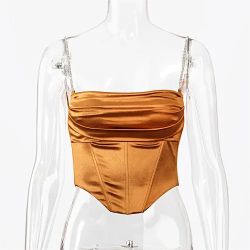 Diamante Crystal Cropped Corset Bustier Top Stacked with Full Lined Women Sexy Club Wear Outfits Satin Tops