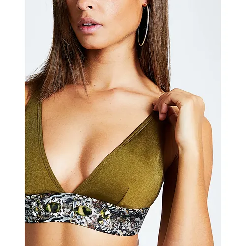 Khaki Jewel Embellish Triangle Bikini Top
