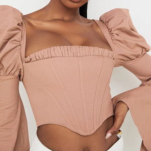 Women Highly Customized Wholesale Mocha Linen Blend Flared Sleeve Corset