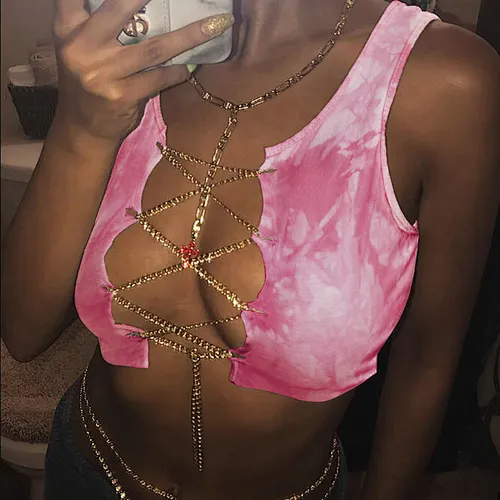 Sexy Club Wear Blouse Women Sleeveless Bandage Tank Tops Summer Tie Dye Ribbed Crop Top