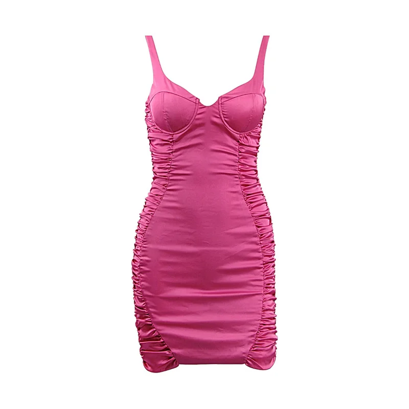 strap satin dress pink pleated dress manufacturer