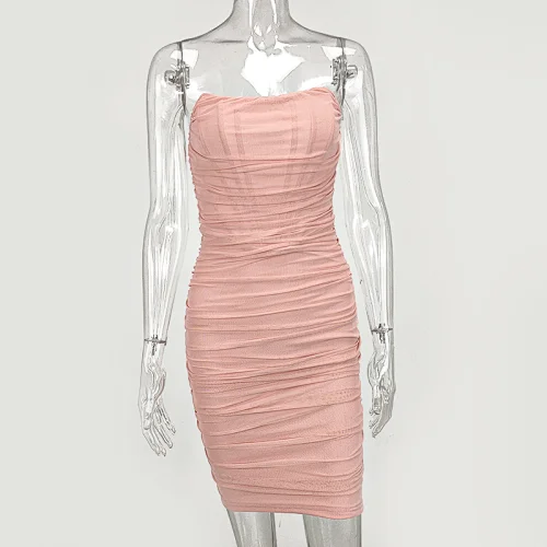Slash Neck Women Ladies Summer Nightclub Mesh Corsets Dress Elegant Sexy Sheer Boned Ruched Strapless Dress