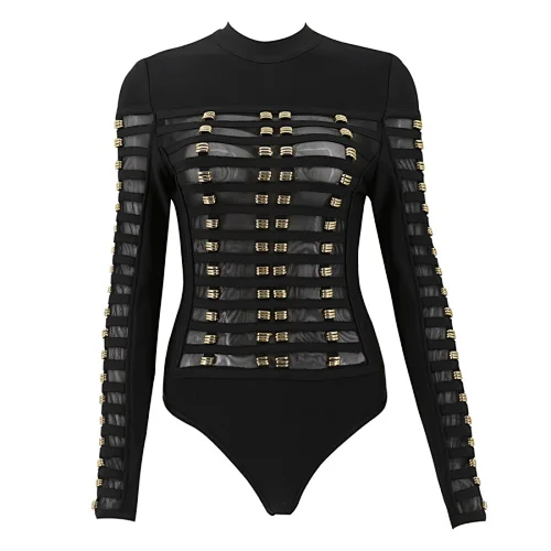 2022 Fashion Long Sleeve Metal Ring Patchwork Mesh Sexy Bodycon Bandage Bodysuit