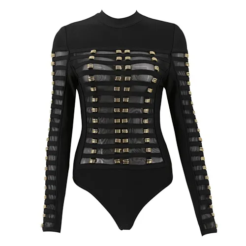 2022 Fashion Long Sleeve Metal Ring Patchwork Mesh Sexy Bodycon Bandage Bodysuit
