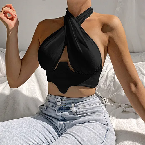 Sexy Summer Women Black and White Corset Sleeveless Backless Cross Tops Lace-up Satin Plain Halter Hollow Out Crop Top