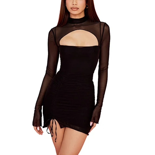 China Manufacturer Free Sample Custom Wholesale Black Hollow Out Dress Women Mini Bodycon Sexy Mesh Party Club Dress