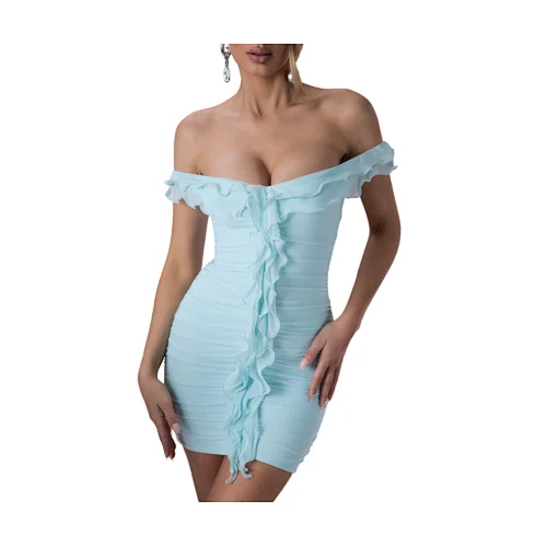 Free Sample Wholesale Custom Summer Women Mini Bodycon Sleeveless Mesh Chiffon Dress Ruffle Strapless Dress