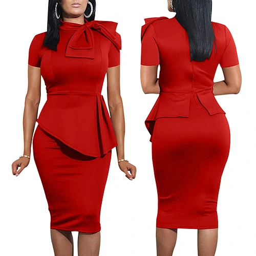 Custom Color Logo Print Spring High Quality Short Sleeve Women Bodycon Midi Office Formal Dress for Ladies