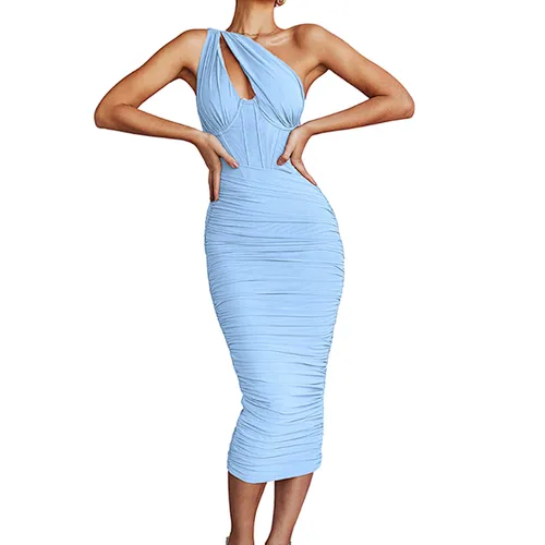 Women Sexy Custom Color Size Mesh Hollow Out Maxi Bodycon Dress Long Backless One Shoulder Dress