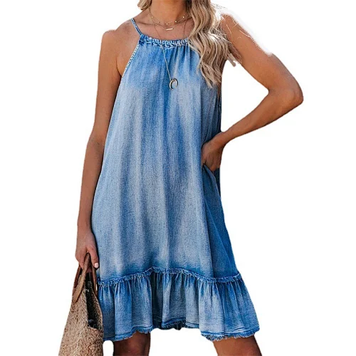 2022 Casual Sleeveless Street Wear Sexy Lady Fashion Jeans Fabric Customized Pattern Craft Design Women Denim Dress