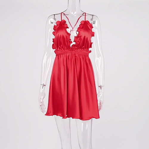 Collarless Cute Custom Color Size Backless Red Ruffles Dress Women Satin Mini Dress