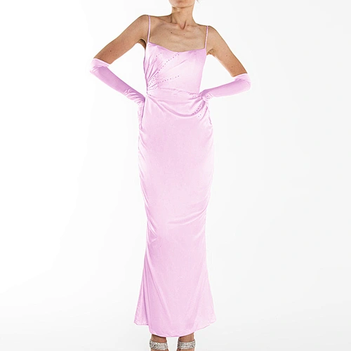 Autumn Elegant Women Environment Friendly Custom Logo Wholesale Rhinestone Maxi Mermaid Slip Satin Dress