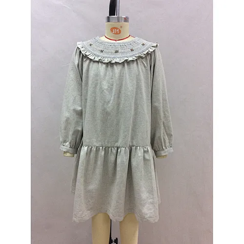 Custom Embroidery Single Button Back Design Baby Round Ruffle Collar Girl Dress
