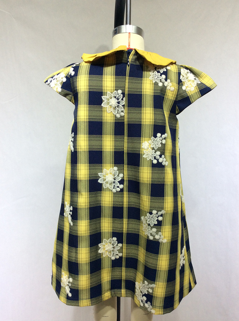 flower embroidery plaid girl dress manufacturer