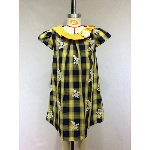 flower embroidery girl plaid dress manufacturer