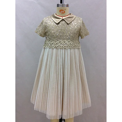 Baby Wholesale Elegant Shirt Collar Midi Sequin Girl Pleated Dress
