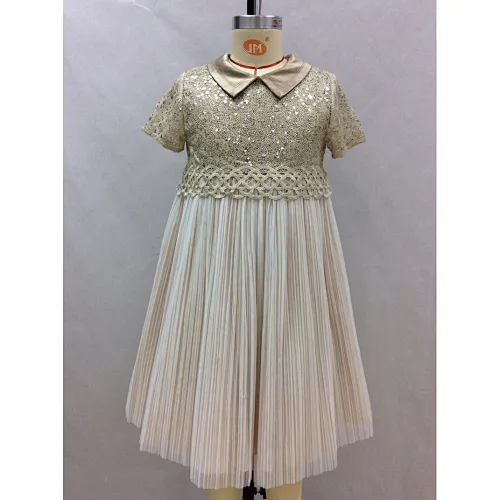 Baby Wholesale Elegant Shirt Collar Midi Sequin Girl Pleated Dress