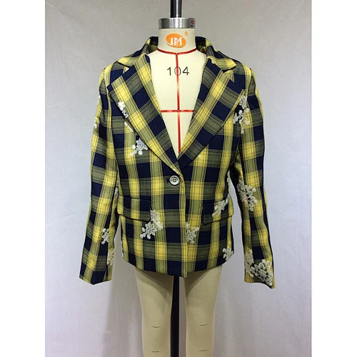 Casual Wholesale Floral Embroidery Kids Yellow Plaid Jacket