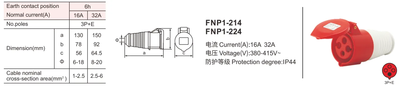 214 ip44 380v 415v 3p+e 4 pin 16A electrical connectors
