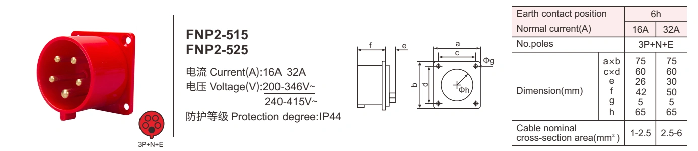 220V IP44 Concealed reverse insertion 16a industrial plug