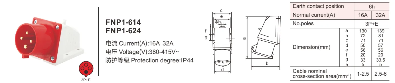 230V IP44 4 pole plug surface mounting socket 16 amp socket