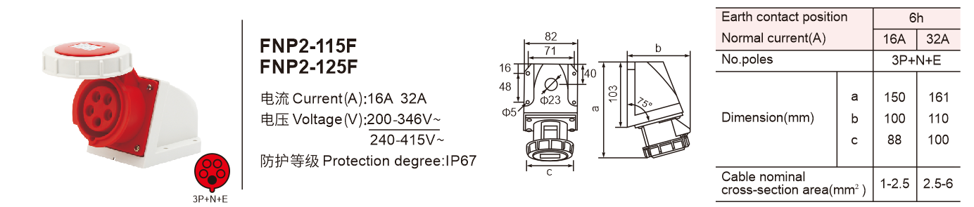 FNP2-115F IP67 fast delivery 3 pin 16a ce industrial plug