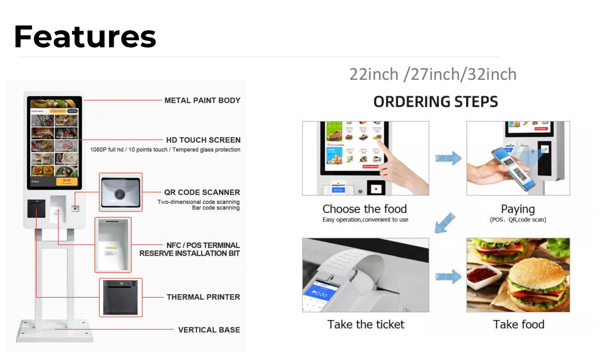 Self-Service Ordering and Payment Kiosk features