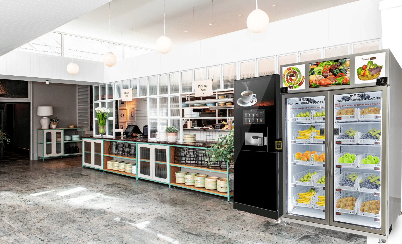 Micron vending machine smart fridge and coffee vending machine combination in workplace