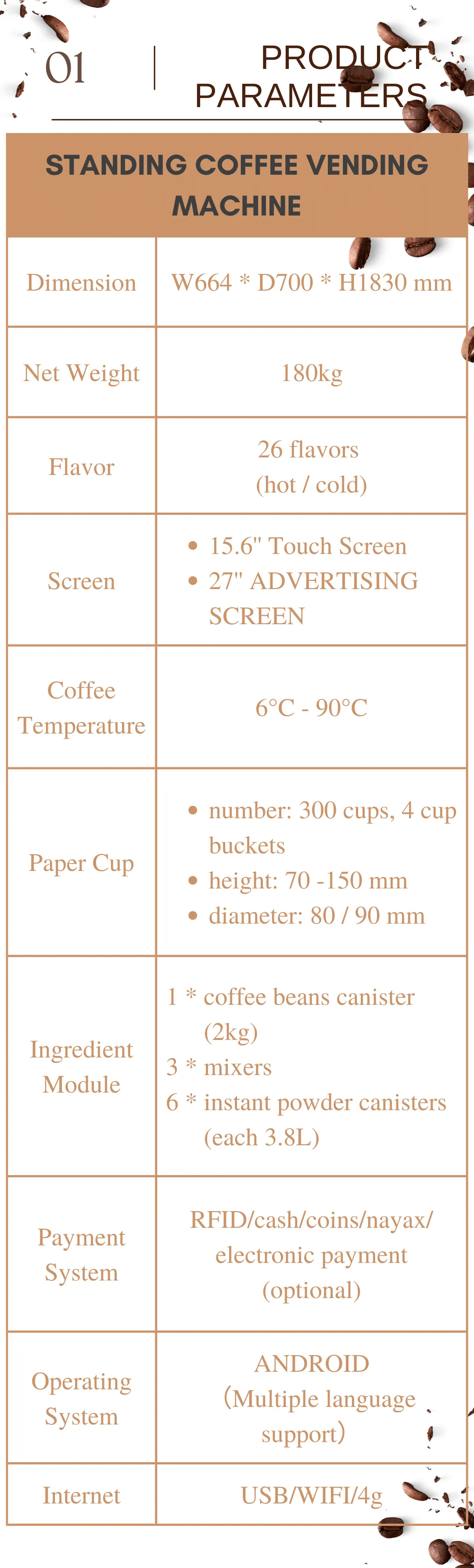 product parameters of standing coffee vending machine