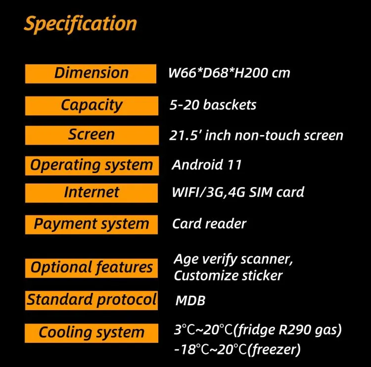 specification of ice cream vending machine for frozen food cold food vending machine