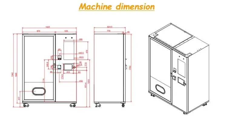 dimension of cup noodle ramen vending machines with a built-in hot water dispenser for selling cup noodles, ramen and cereal